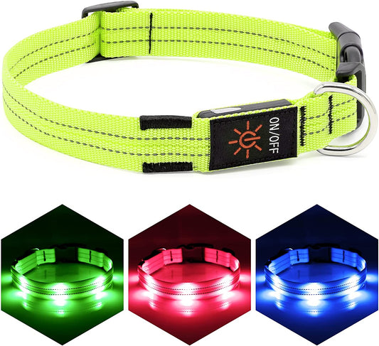 Led Dog Collar, Rechargeable Light up Collar, Waterproof Flashing Light Basic Dog Collars, Super Bright Night Safety (Green, Large)